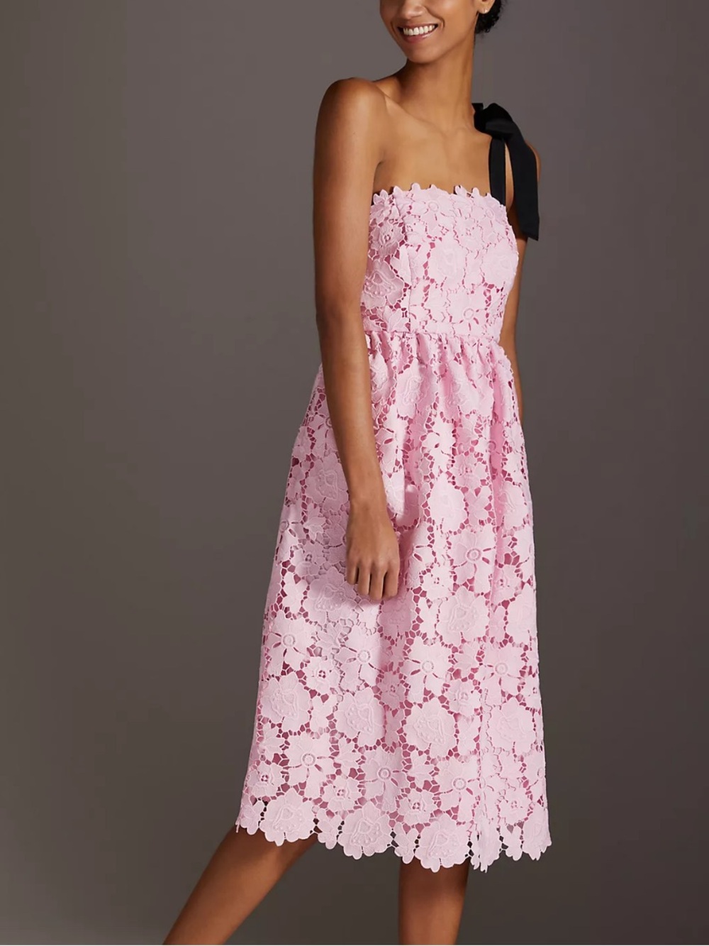 Maeve Pink Lace Tie-Shoulder Midi Dress with Black Bow